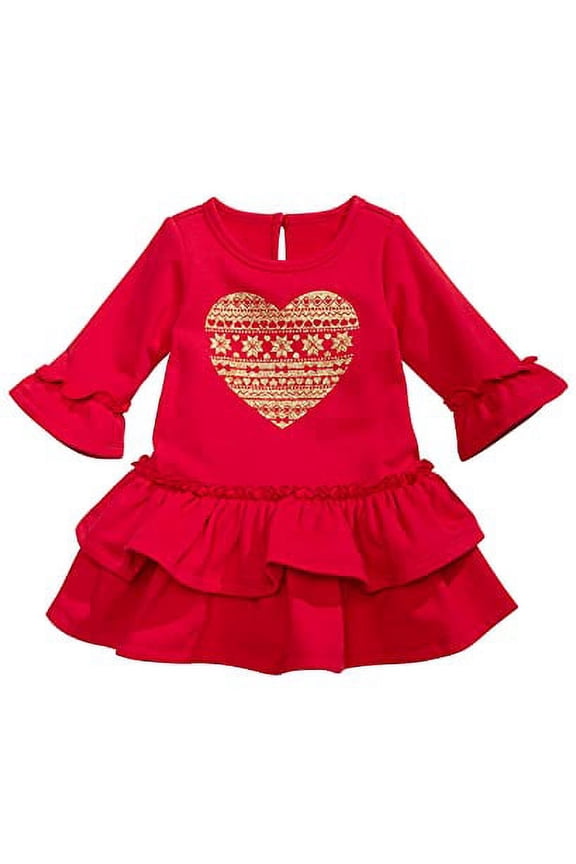 Baby Girls Sparkle Heart Ruffled Terry Dress Red Size 3-6M