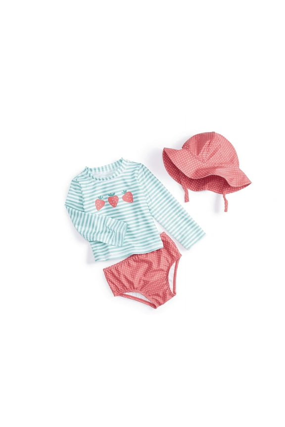 Baby Girls Strawberry Swim Shirt, Shorts and Hat, 3 Piece Set,  Porcelain Green