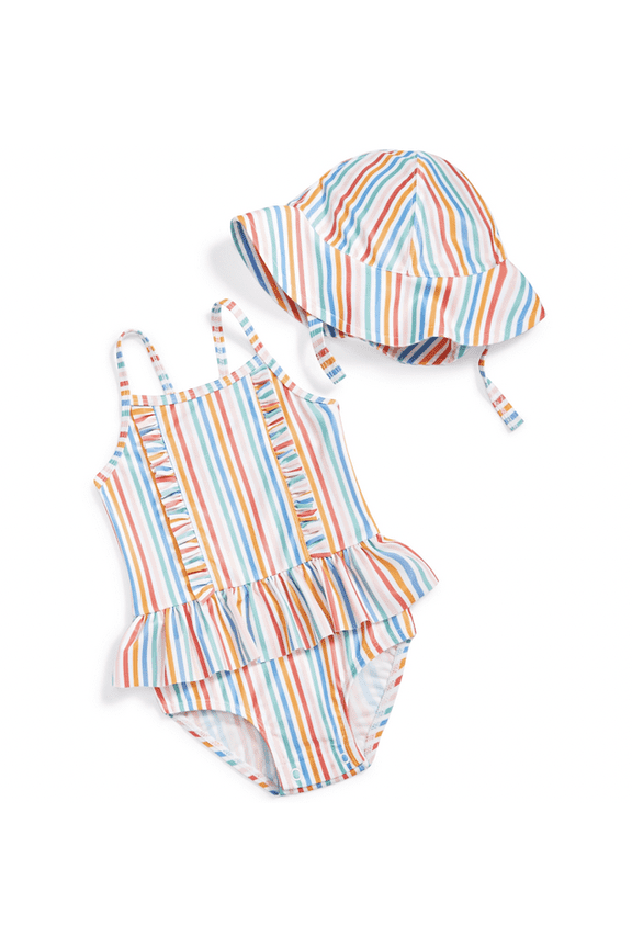 Baby Girls Striped One Piece Swimsuit and Hat, 2 Piece Set, Upf 50