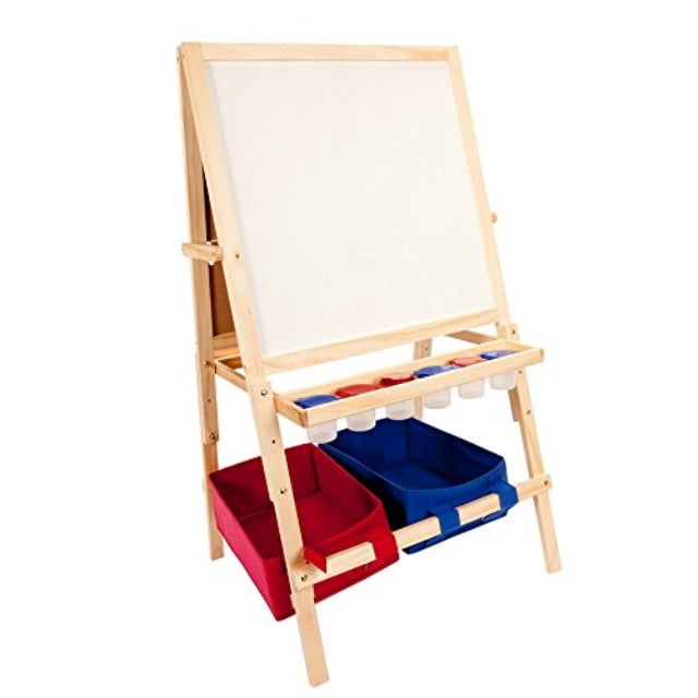 First Impressions Children's Art & Play Easel, Adjustable to Grow with Child - Includes Whiteboard & Chalkboard w/ Accessories & Plastic Storage Bins Included - Natural Light Wood Finish