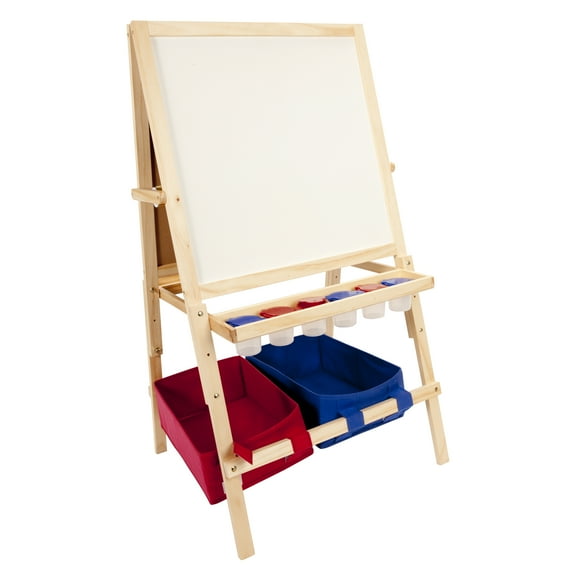 First Impressions Children's Art & Play Easel, Adjustable to Grow with Child - Includes Whiteboard & Chalkboard w/ Accessories & Plastic Storage Bins Included - Natural Light Wood Finish