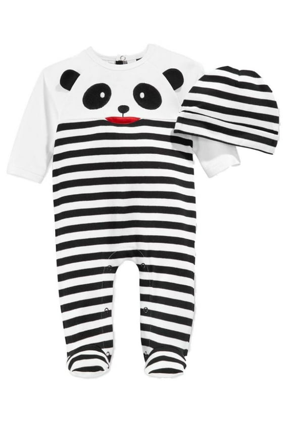 Infant Boy 2 PC Velour Panda Jumpsuit Sleeper Hat Outfit 0-3m