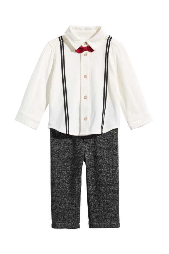 Infant Boys Suspender & Bowtie Shirt And Pants 2 Piece Set,Ivory Cloud,3-6 Months