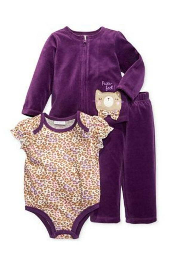 Infant Girl 3 PC Purple Velour Kitty Pants Shirt Sweater 3-6m