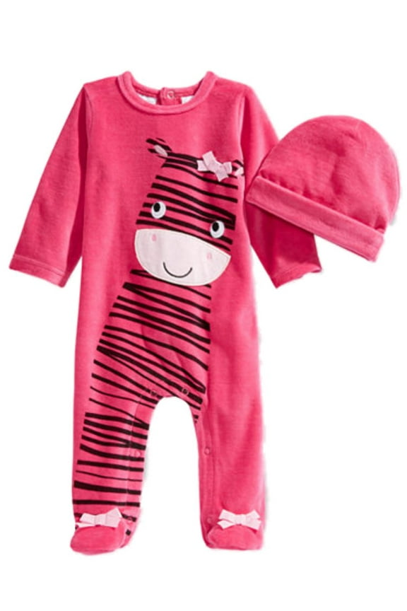 Infant Girls 2 PC Plush Zebra Jumpsuit Sleeper Hat Outfit 0-3m