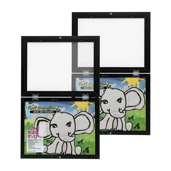 First Impressions Kids Interchangeable Artwork Frame with Storage, 2 Pack, Easy to Change Front Opening, Holds Multiple Pieces, WAll or Tabletop Display, Black 9 x 12