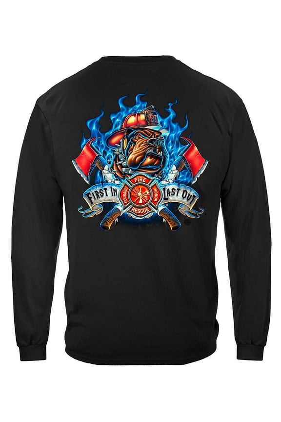 First In Last Out Firefighter Long Sleeve T-shirt by , Black