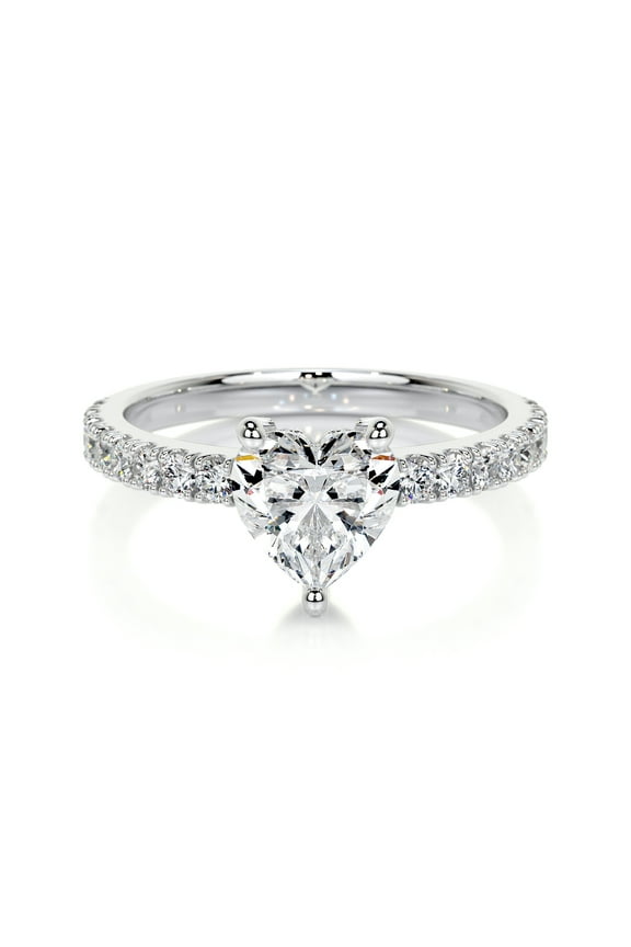 White Gold Over 14K Silver Diamond Rings - 1.9 Ct VVS1/D Heart Cut Lab Created Diamond Rings - Solitaire with Accent Diamond Rings for Women's - Full Eternity Diamond Rings for Her