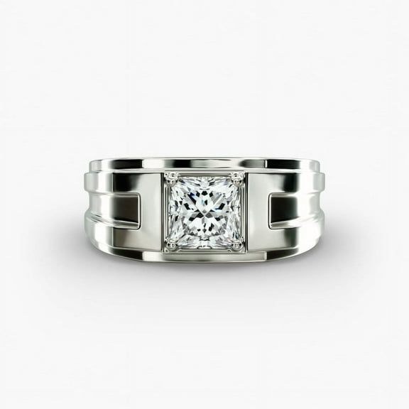 First Jewel 14K White Gold Plated Wedding Ring for Him - Princess Cut 1.5 Ct Lab Created Diamond Men's Ring - Special Anniversary Gift - Trendy Wedding Ring