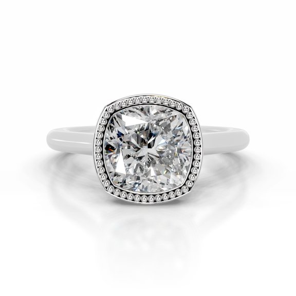 First Jewel 14K White Gold Over Wedding Anniversary Ring - 2.1 Ct Cushion Excellent Cut Diamond Ring for Women's - Bead Ball halo Diamond Ring for Her - Solitaire Solo Diamond Ring for Women's