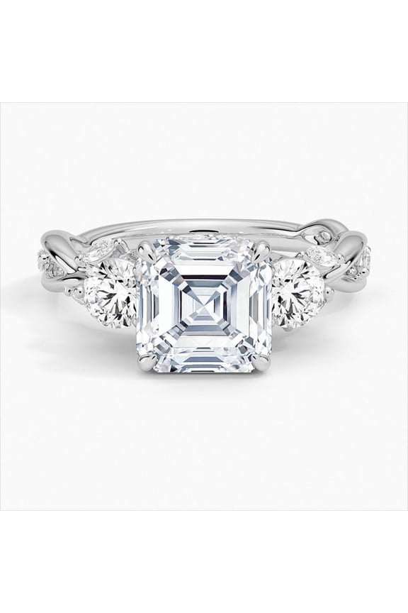 2.2 Ct Asscher Cut Diamond Rings - 14K White Gold Plated Rings for Her - Engagement Twisted Shank Overlap Design - Elegant Wedding Diamond Jewelry - Stunning Stacking Rings for Women