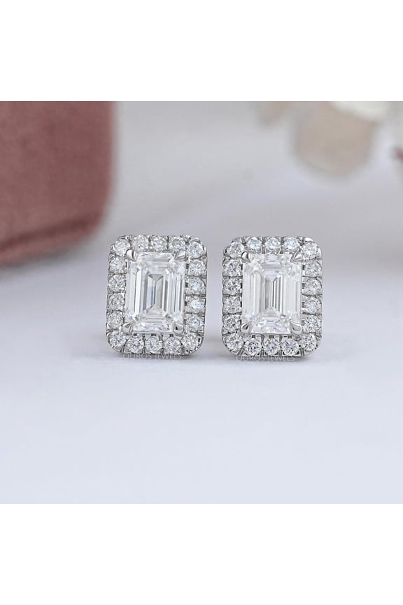 2.24 Ct Emerald Cut Lab Created Diamond Engagement Earrings for Her 14K White Gold Plated Earrings Stunning Halo Diamond Stud Earrings for Weddings & Proposals