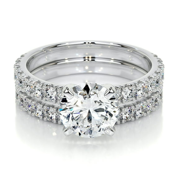 First Jewel Brilliant 1.9 Ct Round Cut Diamond Ring - Silver 14K White Gold Over Ring - Anniversary Gift - Two Band Eternity Diamond Ring for Her - Solitaire with Accent Diamond Ring for Women's