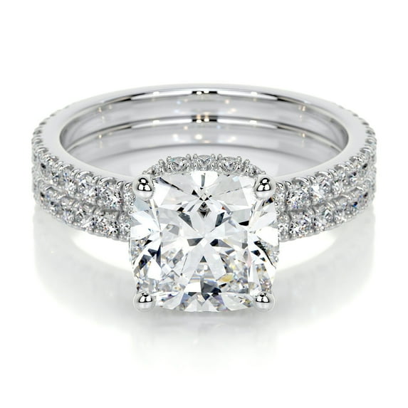 First Jewel Cushion Cut Excellent 1.9 Ct Diamond Ring For Women's - Eternity Band Diamond Ring - White Gold Over 14K Silver Diamond Ring - Solitaire with Accent Diamond Ring - Hidden Halo Ring
