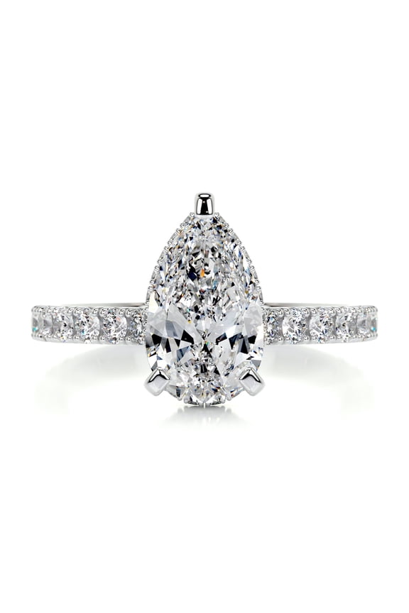 Pear Cut Excellent 2.1 Ct Diamond Ring for Her - Anniversary Ring - Silver 14K White Gold Over Ring - Solitaire with Accent Diamond Ring for Women's - Eternity Band Diamond Ring for Her