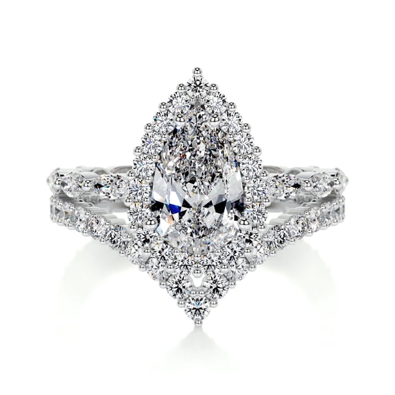 First Jewel Pear Cut Excellent 2 Ct Diamond Ring - White Gold Over 14K Silver Diamond Ring for Her - Eternity Diamond Ring for Her - Halo Diamond Ring for Women's - Anniversary Gift for Her
