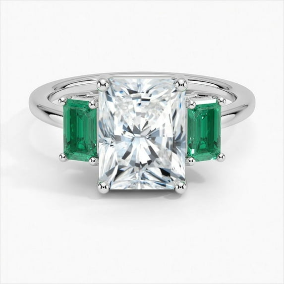 First Jewel Stamped 14K White Gold Plated Three Stone Women's Ring - Radiant Cut 2.2 Ct Lab Created Diamond Engagement Ring - Proposal Gift for Her