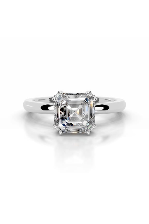 Wedding Rings - Silver 14K White Gold Over Rings - 2 Ct Asscher Cut Lab Created Simulated Diamond - Solitaire with Accent Diamond Ring for Her - Engagement Wedding Diamond Ring for Her