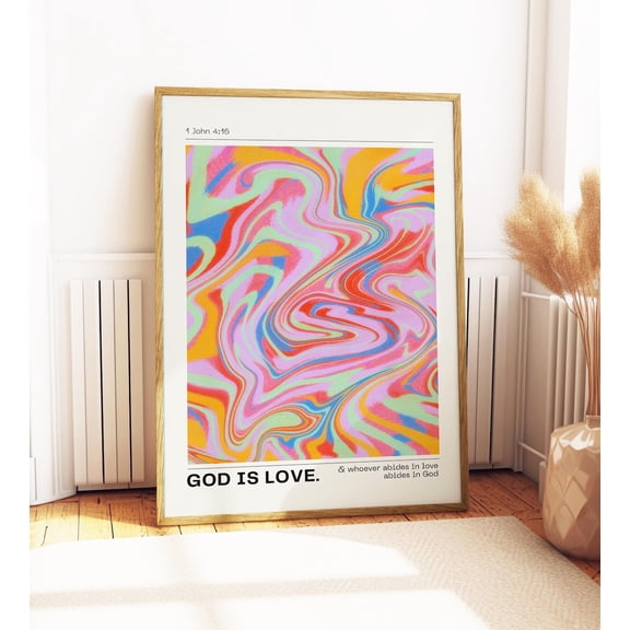 First John 4 16 Wall Art, Retro Pattern Bible Verse Print, Unframed Paper Poster 24x36in