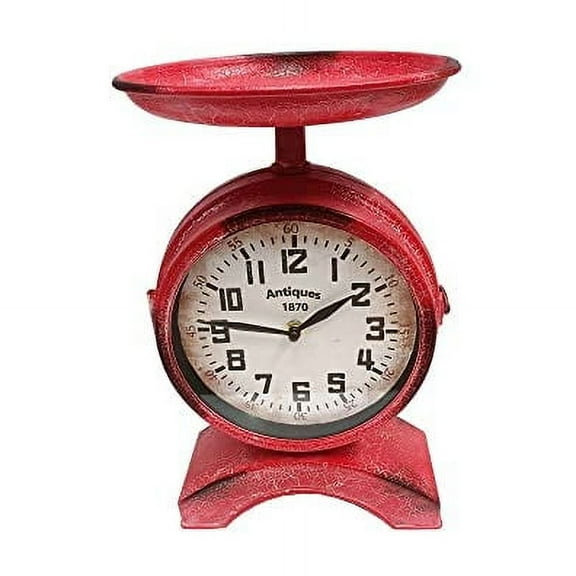 First of a Kind 2-Sided Red Metal Scale Shaped Clock - Vintage Tabletop Clock for Farmhouse - Mid-Century Style, Two-Sided Red Metal Vintage Scale Clock for Kitchen & Living Room Decoration