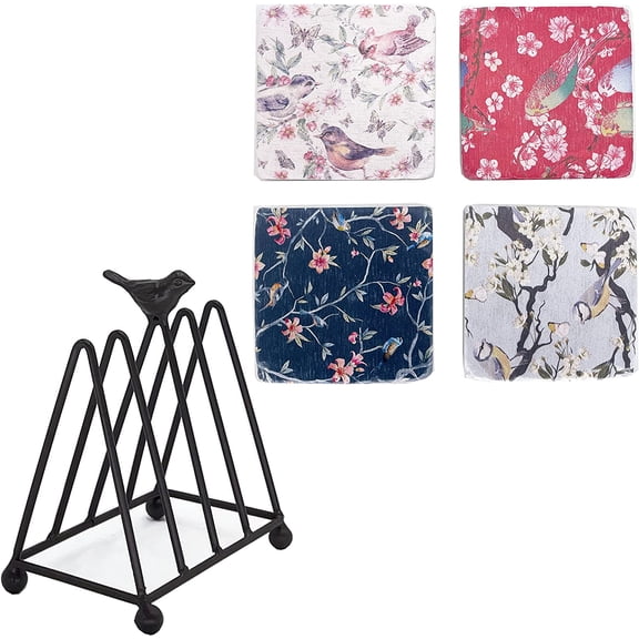 First of a Kind Colorful Bird Coaster Set - Set of 4 Square Coasters with One Metal Bird Stand - Coasters for Home Kitchen & Table Decor - Absorb Moisture & Prevent Table Damage - Reusable Coaster Set