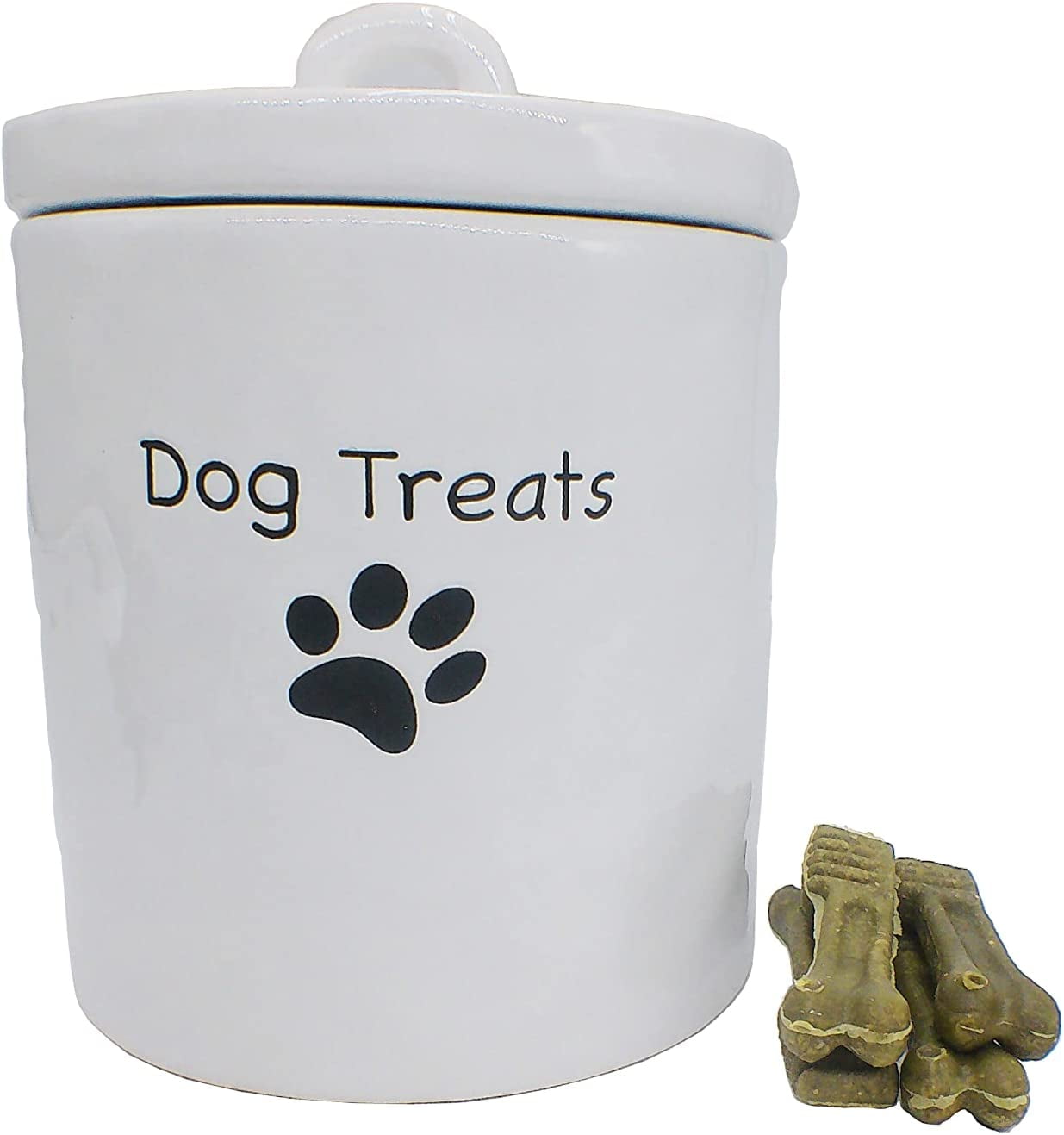First of a Kind Dog Treat Stoneware Food Jar - White Dog Biscuit Canister,  Paw Print Cute Dog Treat Canisters with Lid - Decorative Dog Food