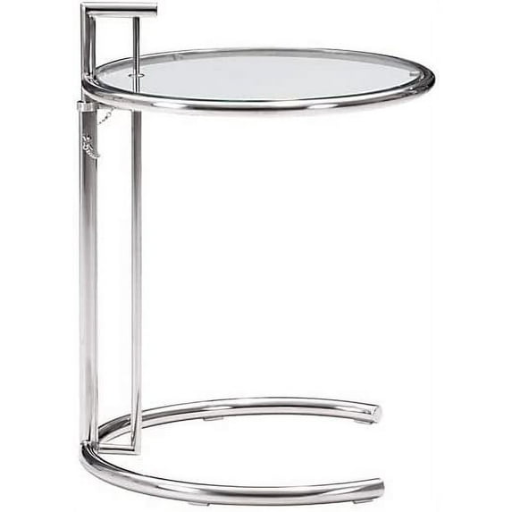 First of a Kind Eileen Glass End Table for Lounge, Office, Living & Study Room - Contemporary Style Round Shaped Height Adjustable End Tables - Stainless Steel Tubular Frame With Tempered Glass Top