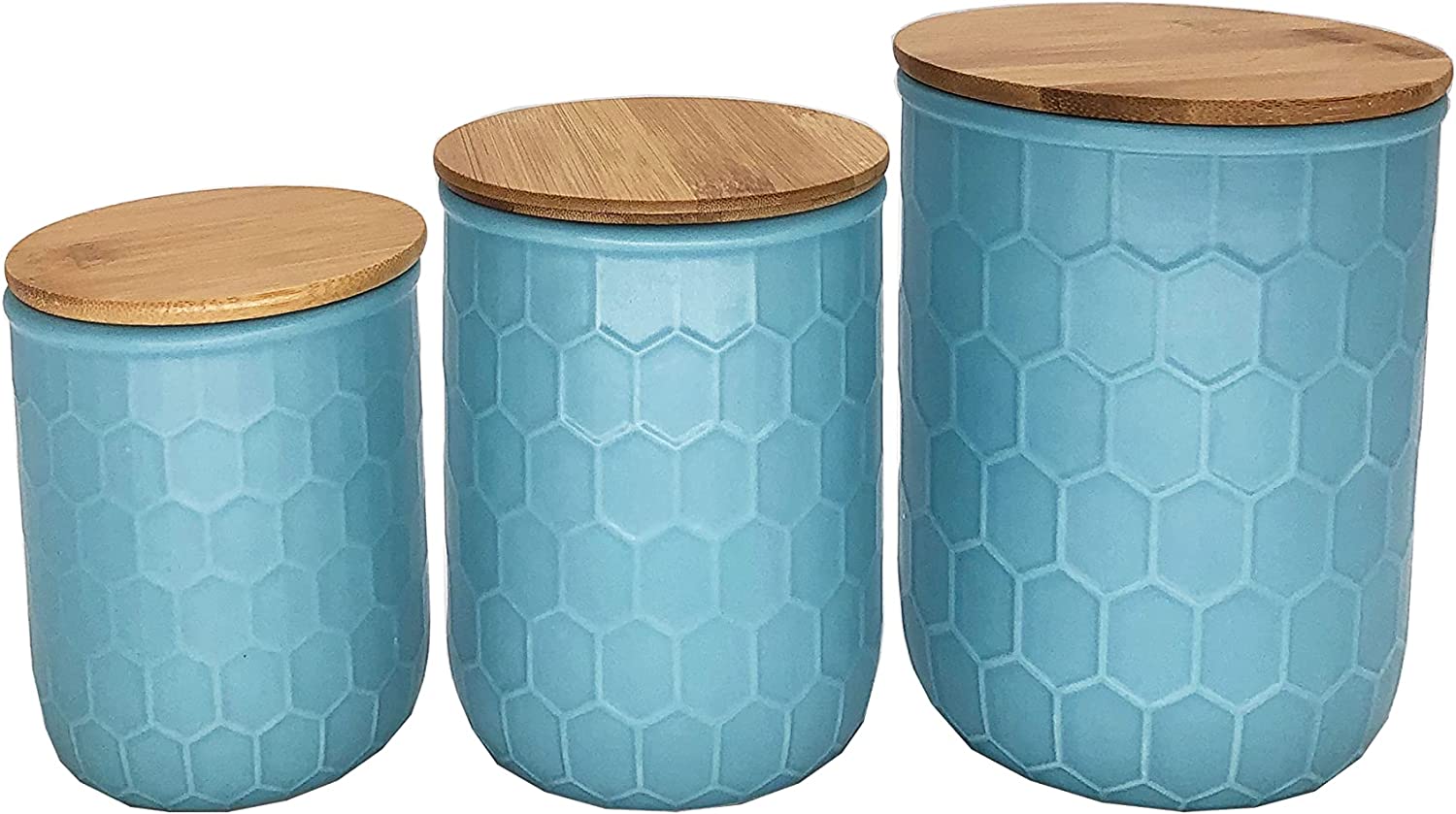 First of a Kind Blue Stoneware Canisters, Set of 3, Honeycomb Design ...