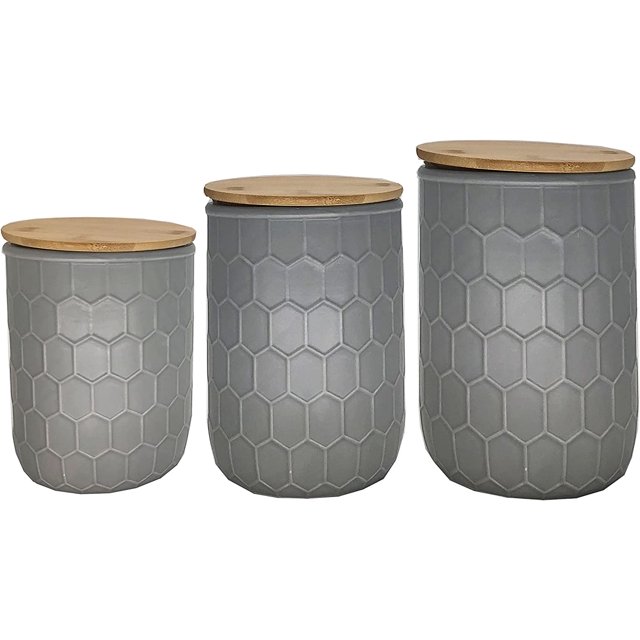 First of a Kind Kitchen Canisters Gray Stoneware Canisters with Bamboo Lids, Set of 3 Storage