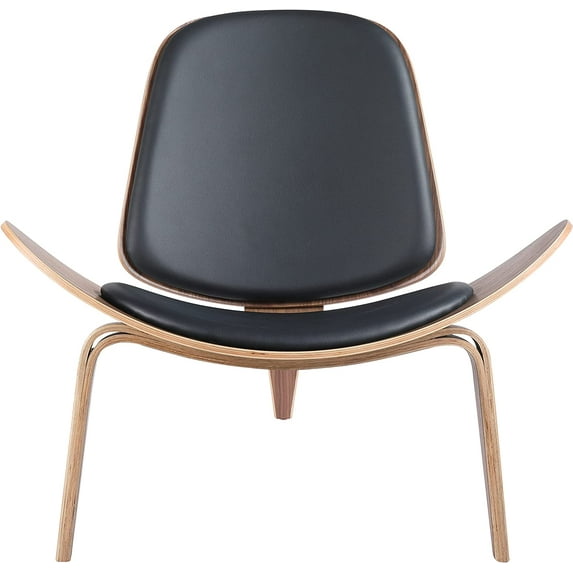First of a Kind Lounge Chair for Living & Study Room - Faux Leather Tripod Plywood Solid Wood Shell Chairs - Modern Classic Mid Century Design - Black