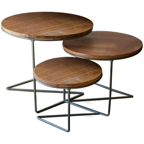 First of a Kind Round Wooden Display Risers - Set of 3 Round Wire Display Risers with Wood Tops, Round Decorative Display Stand - 10" Tall Wooden Display Riser Stand for Home Patio Decoration (Brown)