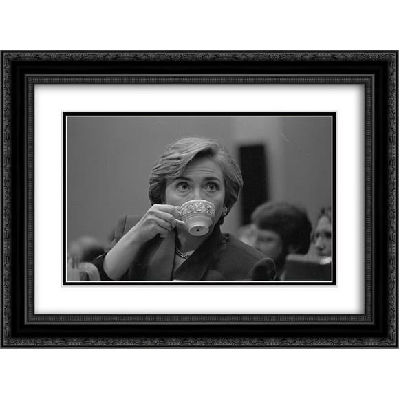 First Lady Hillary Clinton, head-and-shoulders portrait, sipping from a teacup during her presentation on health care 24x18 Double Matted Black Ornate Framed Art Print