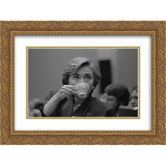 First Lady Hillary Clinton, head-and-shoulders portrait, sipping from a teacup during her presentation on health care 24x18 Double Matted Gold Ornate Framed Art Print