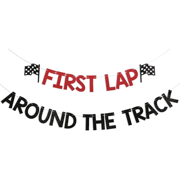 First Lap Around The Track Banner - Vintage Race Car 1st Birthday Decor, Checkered Flag Theme First Birthday Party Supply Black & Red