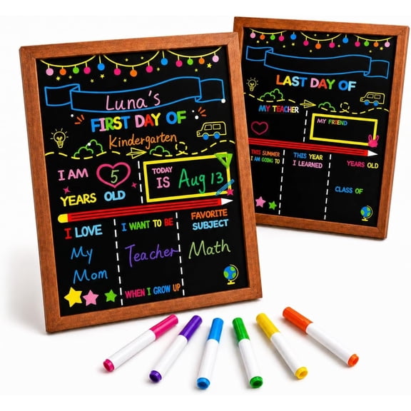 First and Last Day of School Sign Board with Pine Frame & 6 Erasable Color Markers - 10x12 Inch Double Sided to School Chalkboard Photo Prop, Dry Erase Milestone