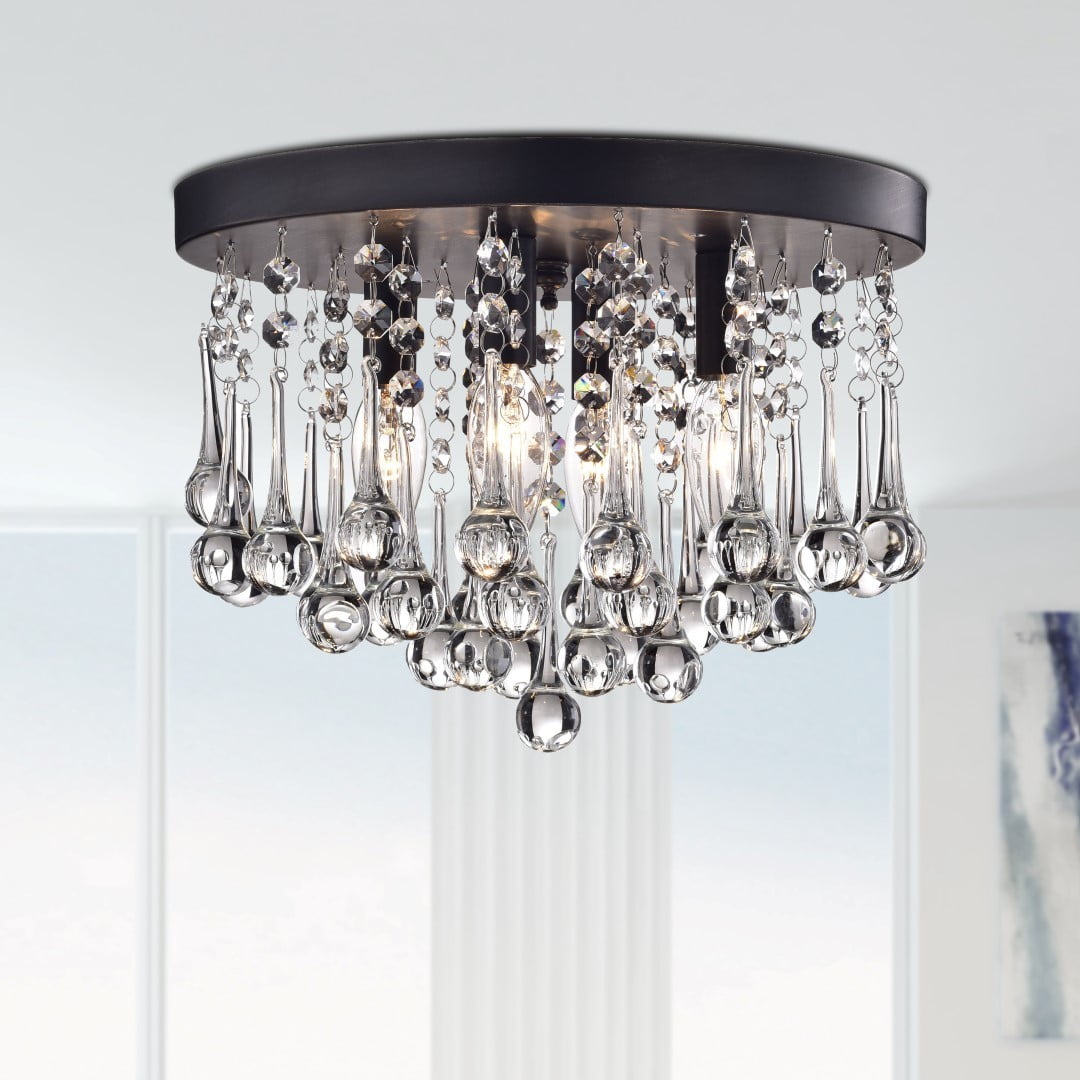 Black Iron and Crystal 4-Light Flush Mount Chandelier