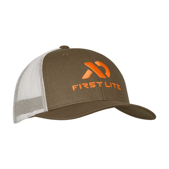First Lite Trucker Hat, Dry Earth Color, Breathable Mesh Back, Customizable Snapback, Lightweight Outdoor Cap (MATRKDEOS)