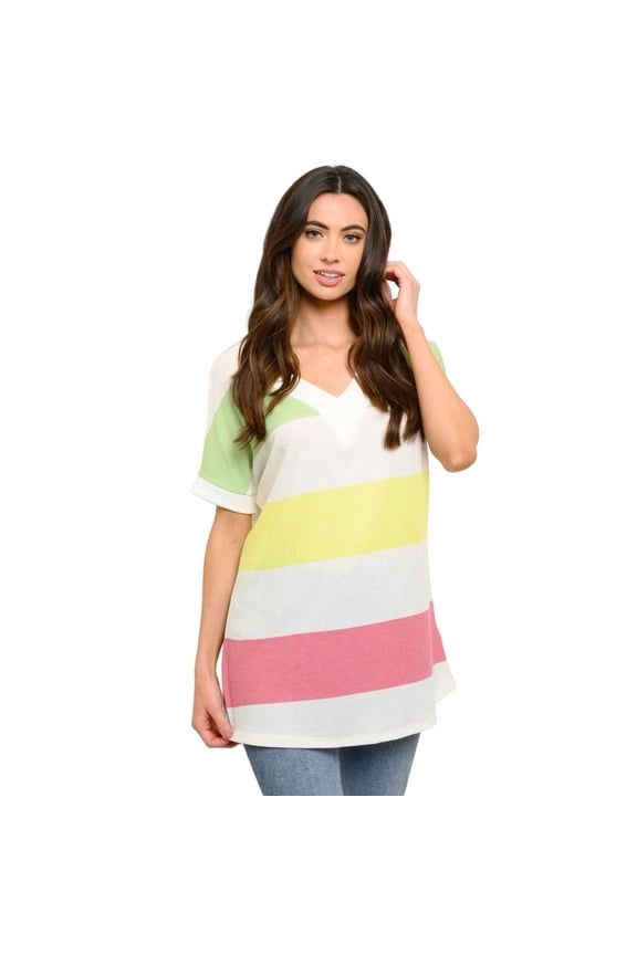 First Look Womens Short Sleeve V-Neck Top, White / Stripes (Large)