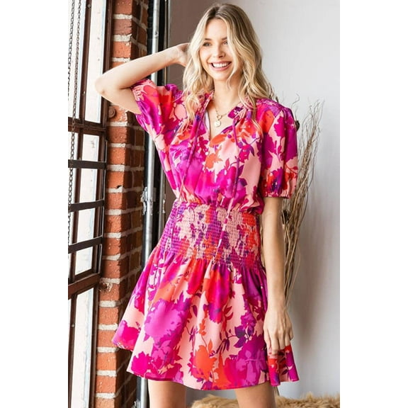 First Love Floral Short Sleeve Smocked Ruffled Ruched Mini Dress - Rosa Apparel