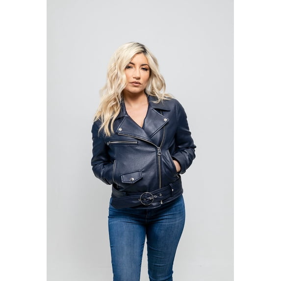 First Manufacturing WBL-1001VGL-L-NVY Remy Vegan Faux Leather Jacket for Women, Navy - Large