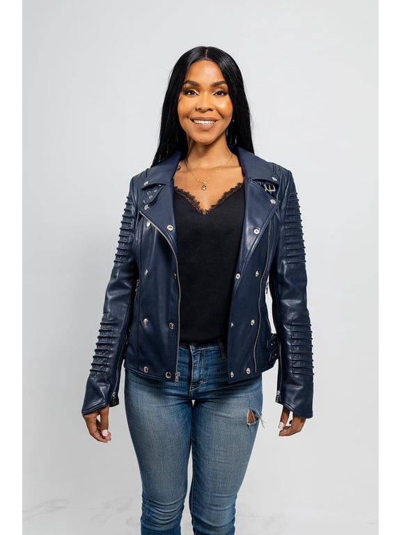 Paris Women's Lightweight Faux Leather Jacket - Navy Blue, Casual Outerwear, Navy Blue, L