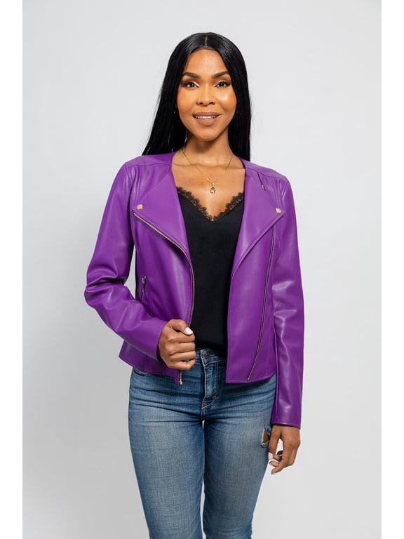 Violet Women's Lightweight Faux Leather Jacket - Dark Purple, Casual Outerwear, Dark Purple, XS
