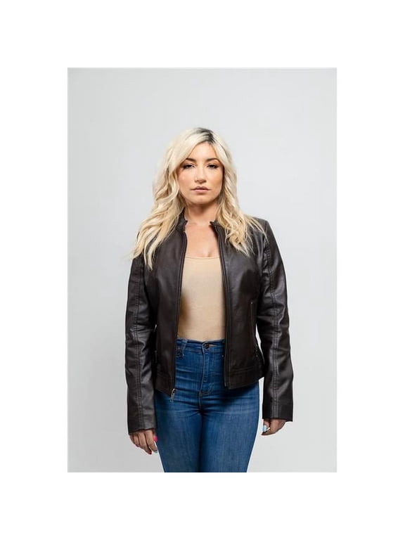 Beverly Women's Lightweight Faux Leather/Perforated Jacket - Brown, Casual Outerwear, Brown, XS