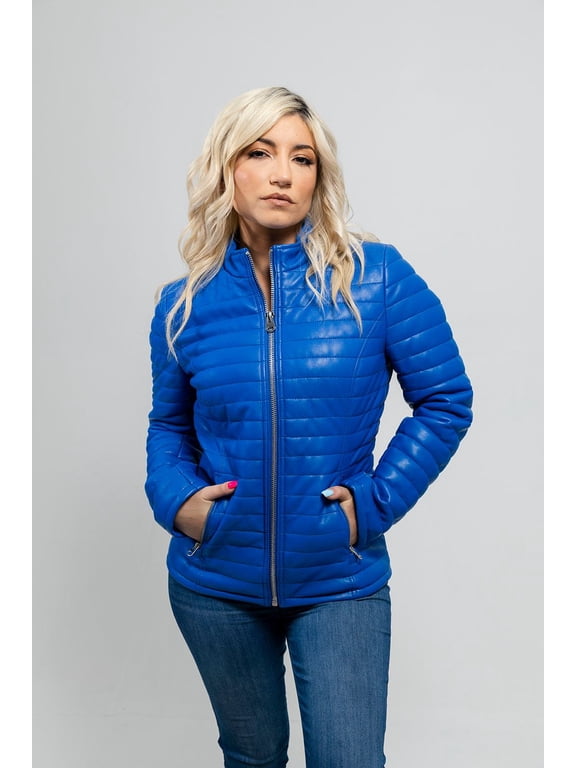 Skylar Women's Lightweight Faux Leather Jacket - Blue, Casual Outerwear, Blue, XS