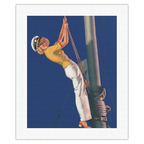 First Mate - Sailboat Sailor Pin Up Girl - Brown & Bigelow Company - Vintage Pin Up Girl Print by Earl Moran c.1940s - Fine Art Rolled Canvas Print (Unframed) 16in x 20in