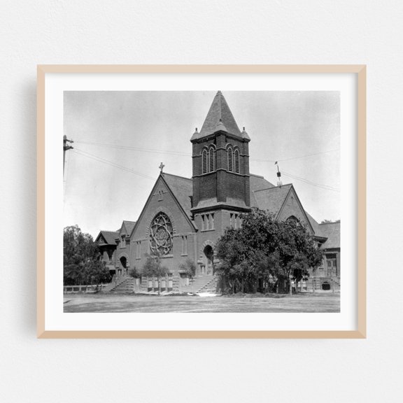 First Methodist Church - Phoenix Arizona Photography Church Architecture Vintage Black and White Cathedral Religious Art Oak Framed Wall Art Print 5 x 7 inches