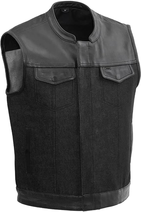 - 49/51 - Men's Motorcycle Biker Riding Black Denim, Leather Vest - Large