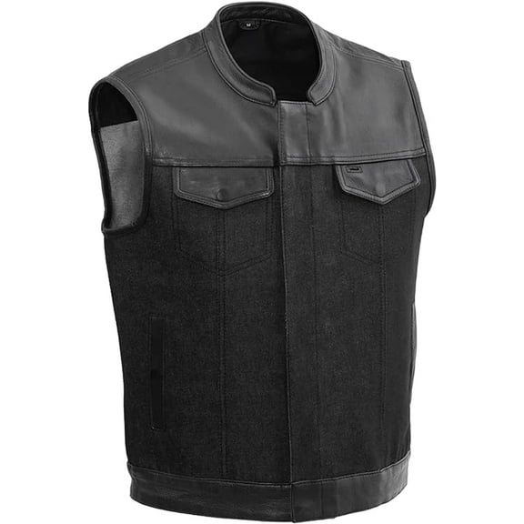 First Mfg Co - 49/51 - Men's Motorcycle Biker Riding Black Denim, Leather Vest - Small