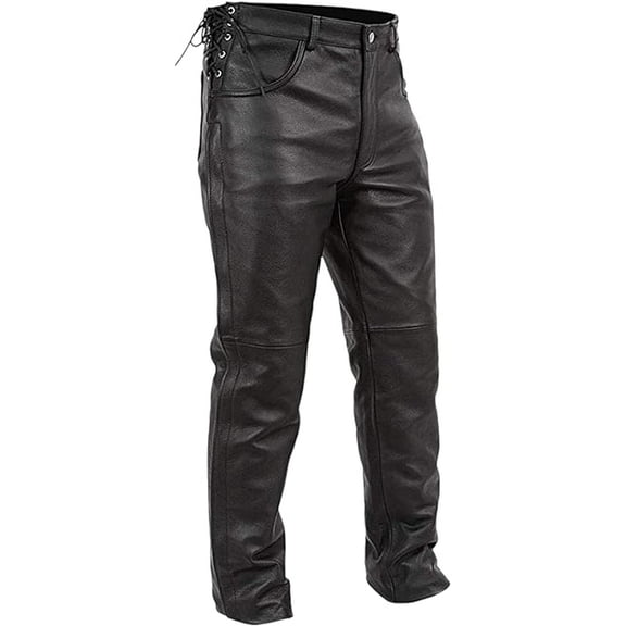 First Mfg Co - Baron - Men's Motorcycle Biker Riding Black Leather Pants - Size 34 - Side Lacing Detail Zipper Down The Legs