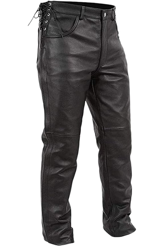 - Baron - Men's Motorcycle Biker Riding Black Leather Pants - Size 46 - Side Lacing Detail Zipper Down The Legs